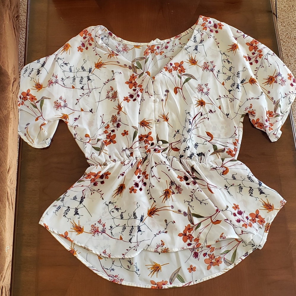 White Floral Print Flutter-Sleeve Blouse